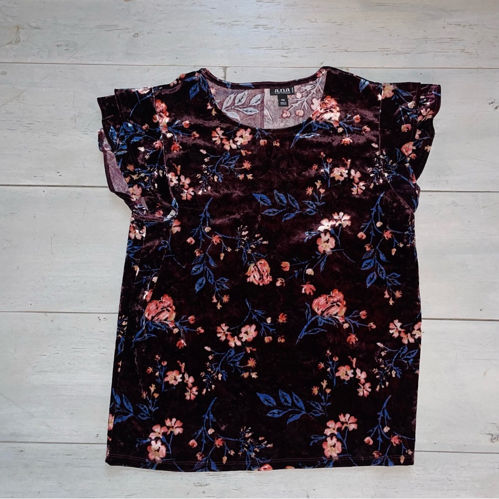 a.n.a Y2K Women’s Floral Velour Top Plum Butterfly Sleeve Sz PM Cottagecore